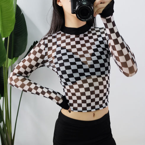 Women's mesh checkerboard perspective long-sleeved shirt