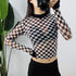 Women's mesh checkerboard perspective long-sleeved shirt