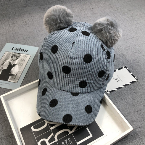 Double Ball Rabbit Fur Corduroy Peaked Hat