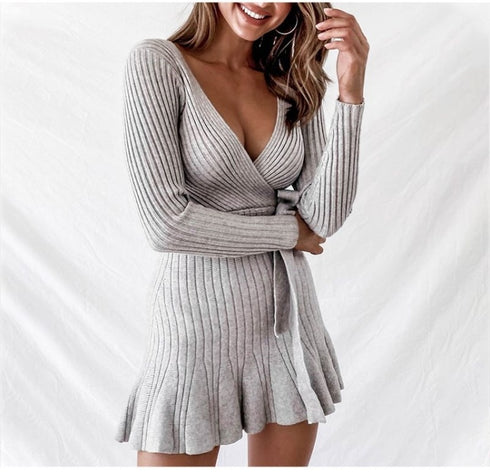 Women V Neck Knitted Long Sleeve Dresses