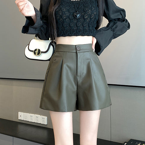 High Waist Brown Wide-leg Leather Pants