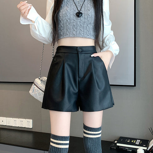 High Waist Brown Wide-leg Leather Pants