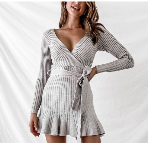 Women V Neck Knitted Long Sleeve Dresses