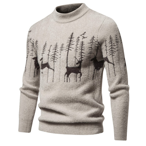 Men's Warm Deer Printed Round Neck Sweater
