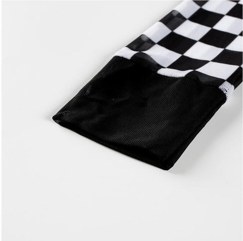Women's mesh checkerboard perspective long-sleeved shirt