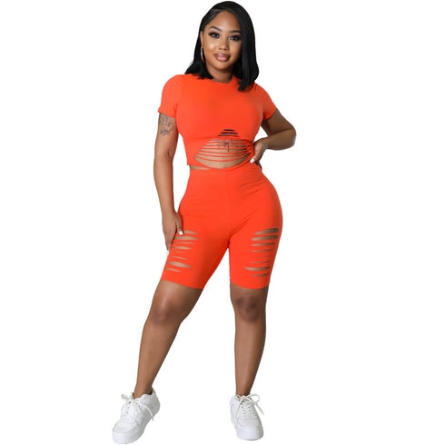 Women's Skinny Ripped Short Sleeve Tracksuit