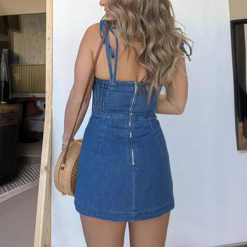 Women's Square Neck Suspender Split Denim Dress