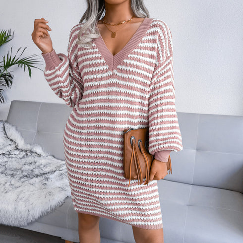 Women's Long Sleeve Striped Sweater Dress