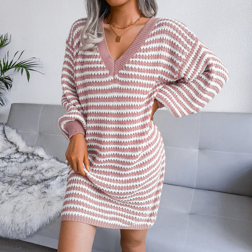 Women's Long Sleeve Striped Sweater Dress