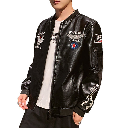 Men's Motorcycle Embroidered Leather Jacket