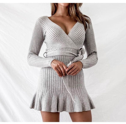Women V Neck Knitted Long Sleeve Dresses