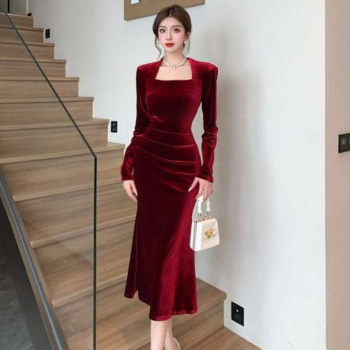 Women's Fashion Velvet Sheath Long Dress