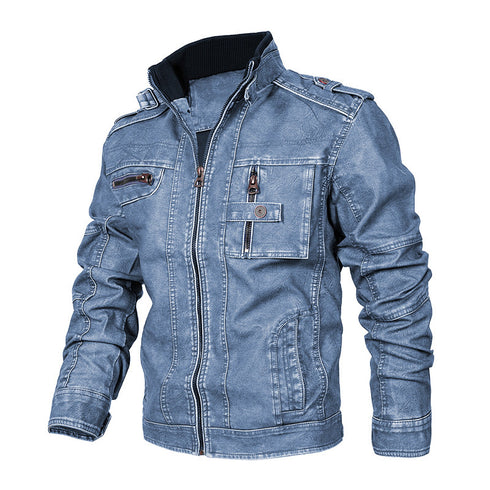 Men's Leather Jacket Stone Washed Leather Jacket Stand-up Collar Coat