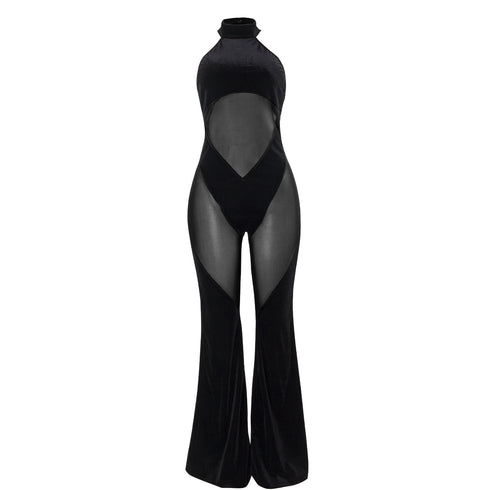 New Hanging Neck Sexy Stitching Solid Color Sleeveless Mesh Stitching Casual Jumpsuit