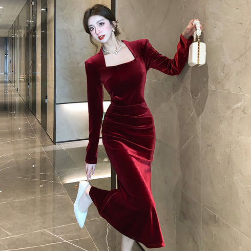 Women's Fashion Velvet Sheath Long Dress