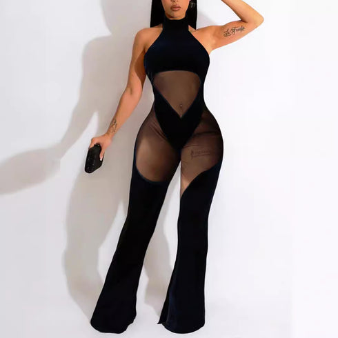 New Hanging Neck Sexy Stitching Solid Color Sleeveless Mesh Stitching Casual Jumpsuit