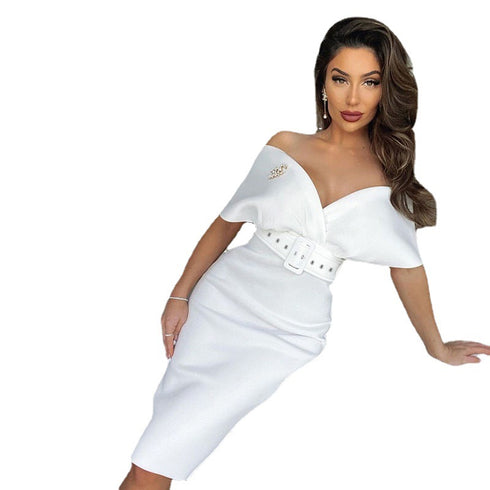 New Midi Dress Women High Waist With Belt