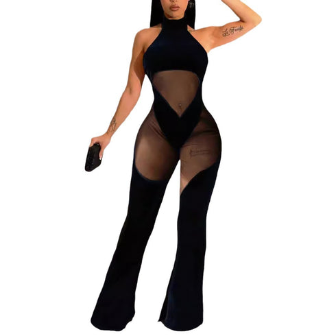 New Hanging Neck Sexy Stitching Solid Color Sleeveless Mesh Stitching Casual Jumpsuit