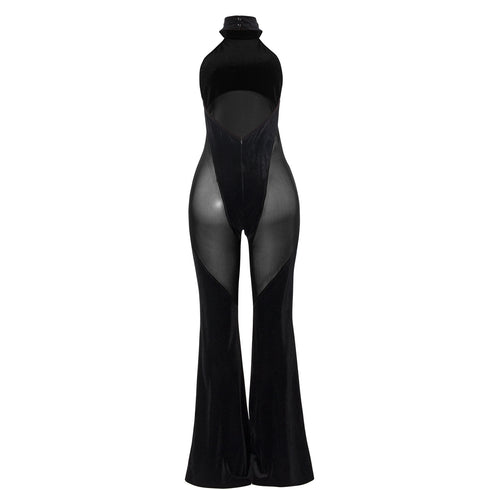 New Hanging Neck Sexy Stitching Solid Color Sleeveless Mesh Stitching Casual Jumpsuit