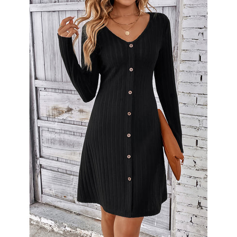 V-neck Long Sleeves Button Waist Dress