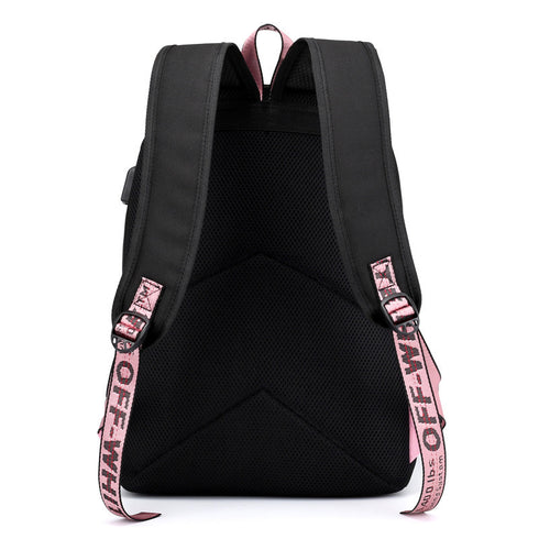 Black-pink USB Charging Student Backpack