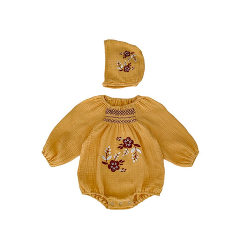 Infant Girls Double Wrinkle Cotton Long-sleeve Romper