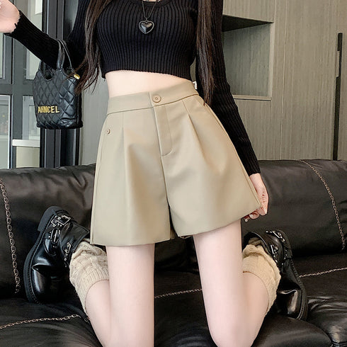 High Waist Brown Wide-leg Leather Pants