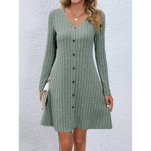 V-neck Long Sleeves Button Waist Dress
