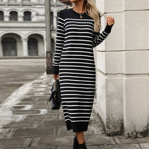 Slim Striped Printed Long Dress For Women's Clothing