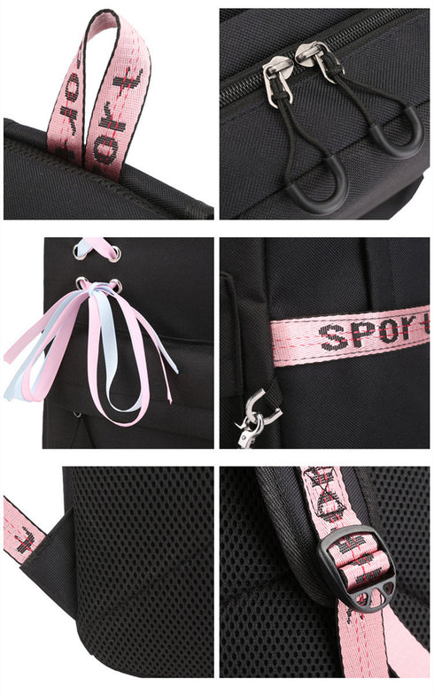 Black-pink USB Charging Student Backpack