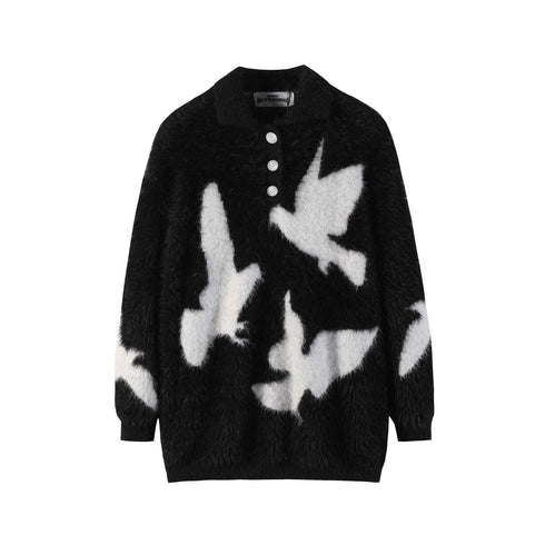 Carrier Pigeon Jacquard Furry Lapel Sweater