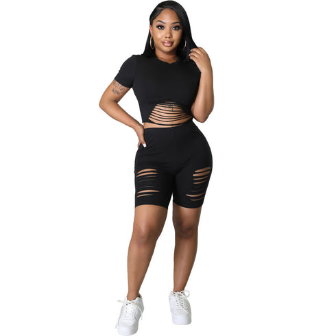 Women's Skinny Ripped Short Sleeve Tracksuit