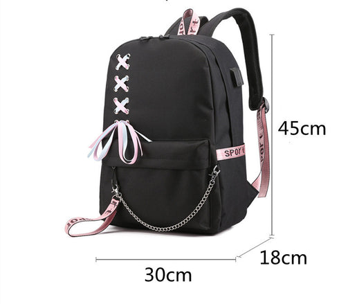 Black-pink USB Charging Student Backpack